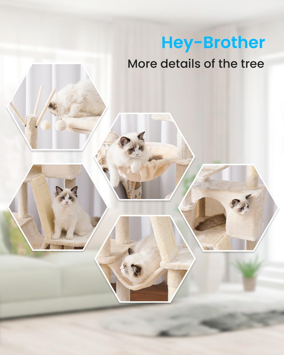 Hey-brother Cat Tree, 53 inch Cat Tower for Indoor Cats, Cat House with Padded Platform Bed, Toy Balls, Large Cozy Condo, Hammocks and Sisal Scratching Posts, Beige MPJ019-SM