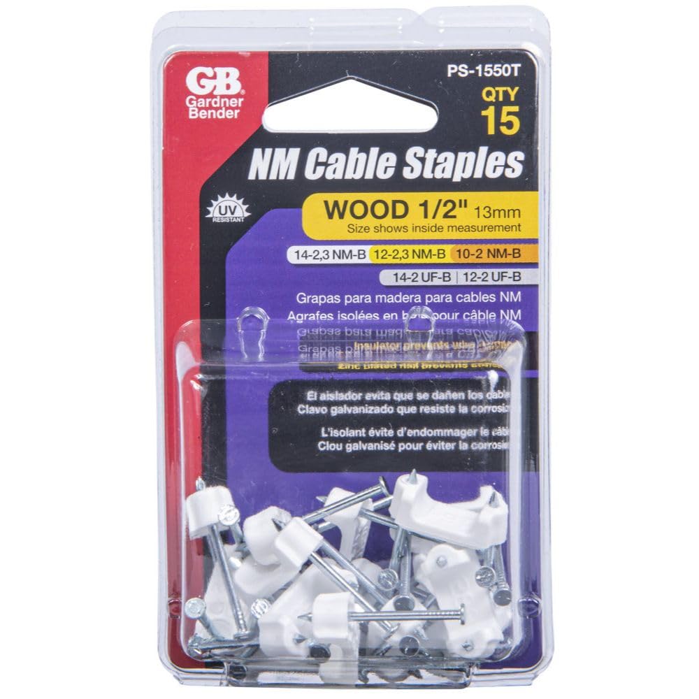 Gardner Bender PS-150Z Plastic Staple, ½ Inch., Secures Romex, UF & (NM) Non-Metalic Cable, Polyethylene - UV Resistant, Splinter Free, Application: 14/2, 12/2, 10/2 (NM) Non-Metalic Cable, 100 Pk., White