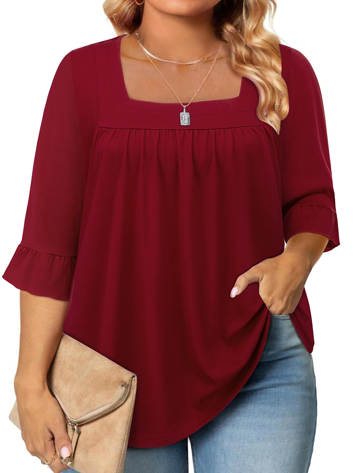 Siddhe Womens Plus Size Tops Loose Fit 3/4 Ruffle Sleeve Blouses Square Neck T Shirt Casual Tunic Tops(1X-5X)