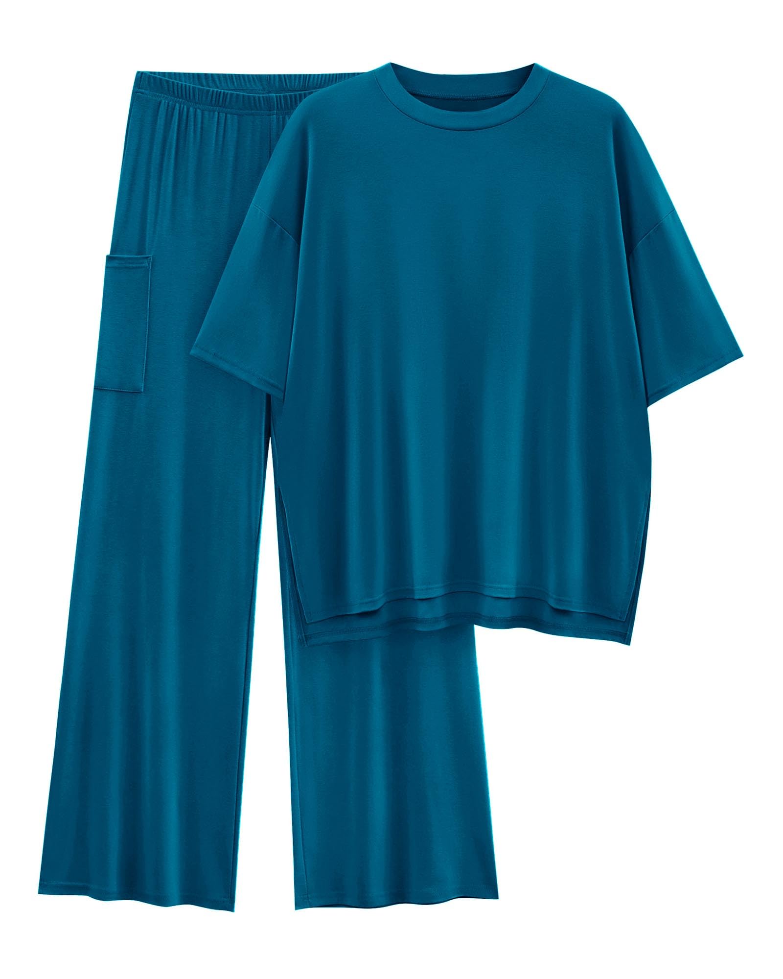 KIRUNDO 2 Piece Lounge Sets for Women Airport Travel Vacation Outfits Summer Casual Loose Short Sleeve Tops & Wide Leg Pants