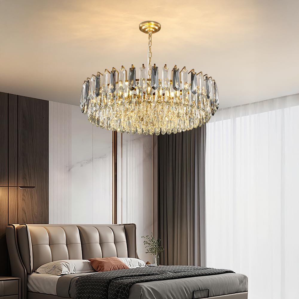 23.6" Modern Crystal Chandelier with Grey Crystal Gold 3-Tier Luxury Pendant Light 12-Light Ceiling Pendant Lighting for Dinning Room Living Room Foyer