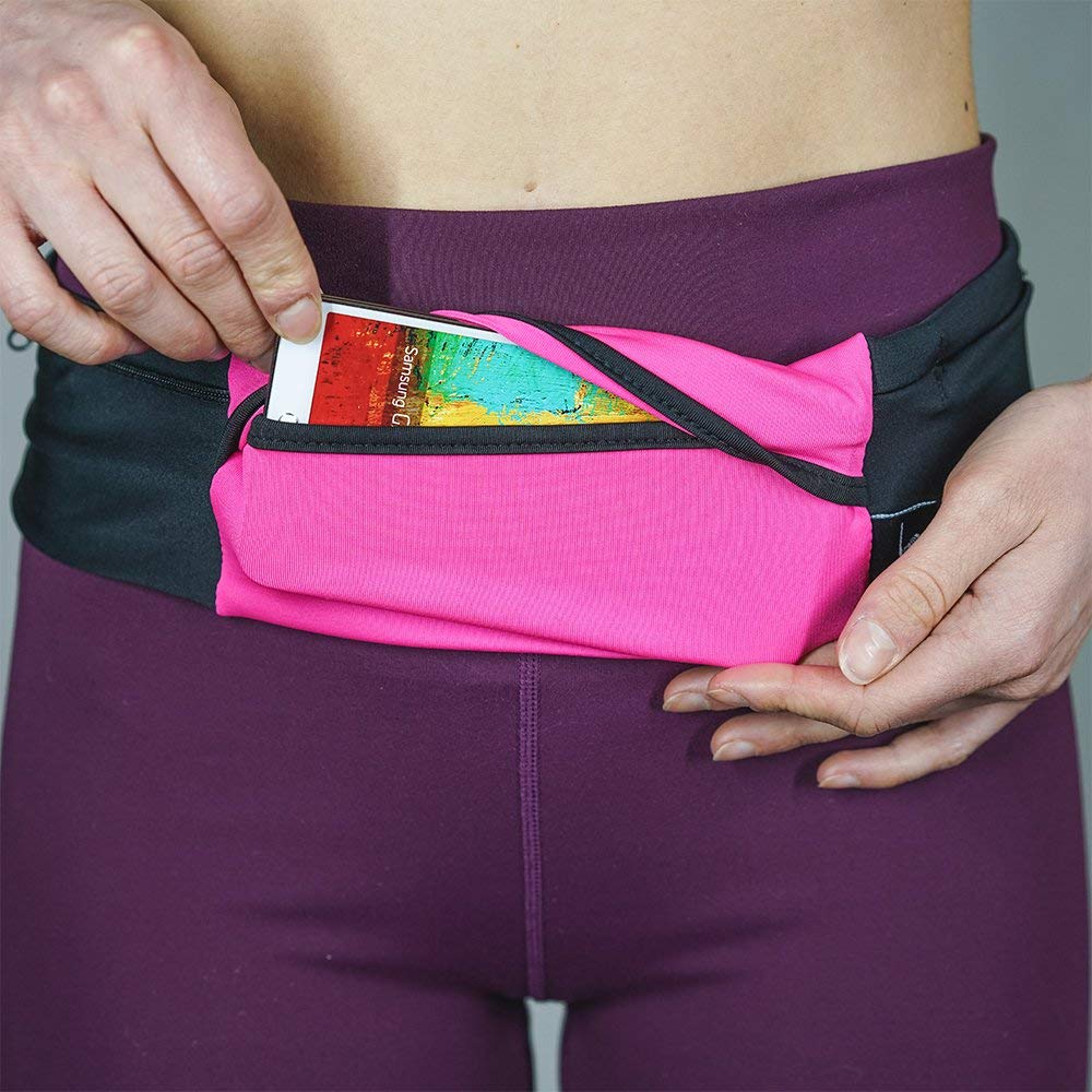 3 Pocket Adjustable Running Belt Waist Pack, Fanny Pack For Working Out With Sweat Resistant Backing, Holds All iPhone Models (Black/Black, X-Small)