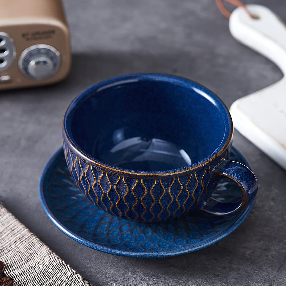 Coffeezone Vintage Design 12 oz Ceramic Latte Art Cappuccino Barista Cup with Saucer (Beige)