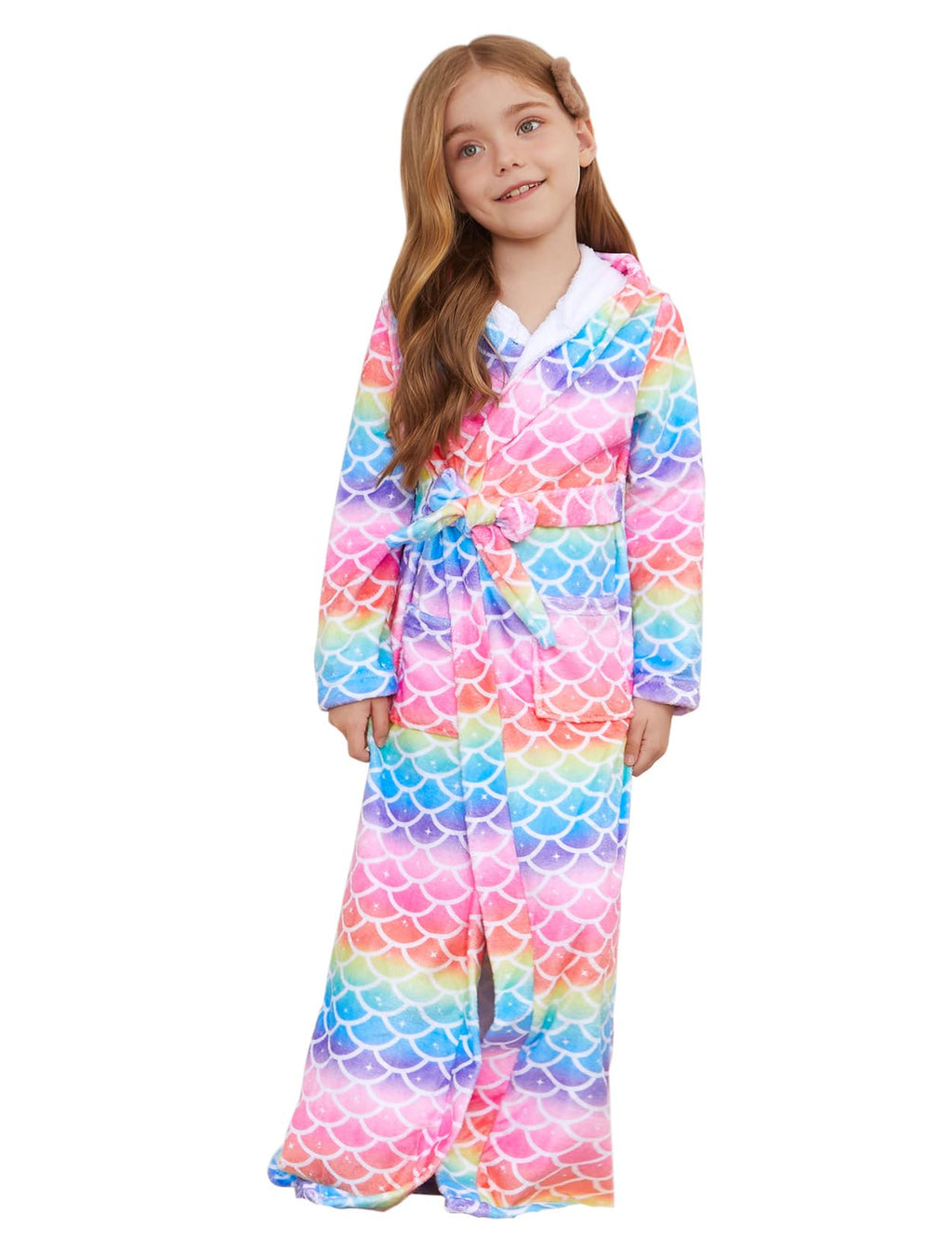 Jxstar Girls Bathrobes Kids Long Hooded Robes Plush Full Length Coral Fleece Pajamas Sleepwear