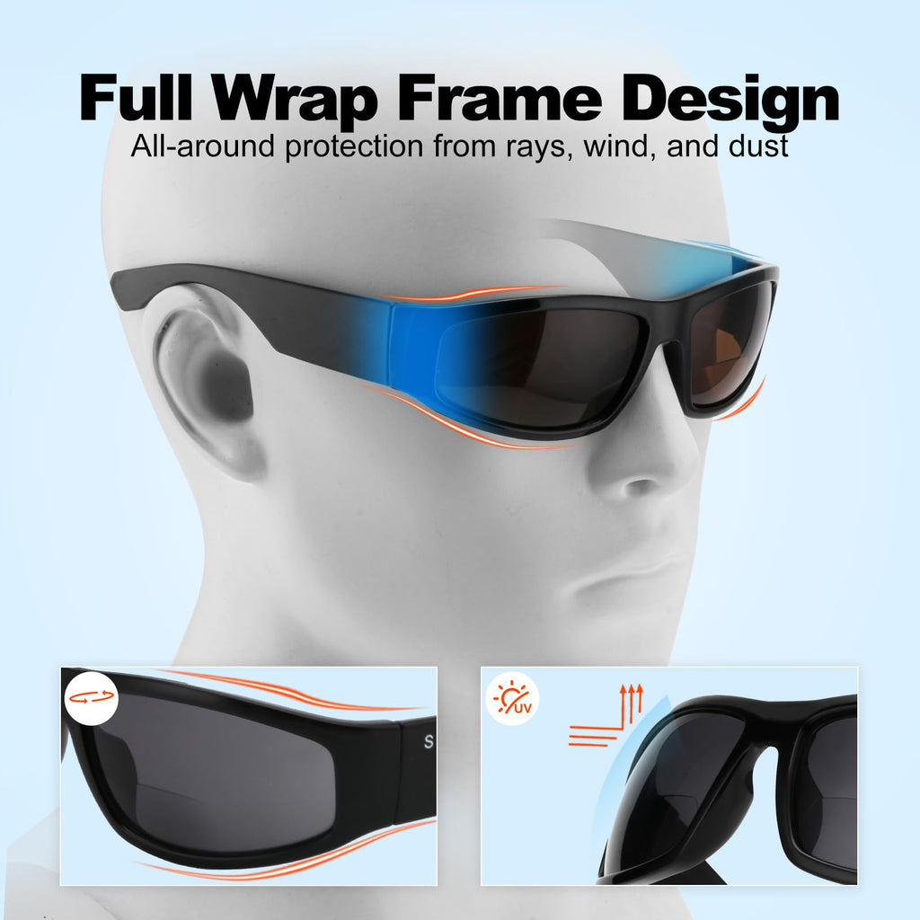 SKYOAK 3 PACK Evolved Unbreakable Bifocal Reading Sunglasses Men TR90 Frame Wrap Around Design Glasses UV 400 Protection Outdoor Sun Reader Sports/Driving (Black & Blue & Tortoise +1.50)