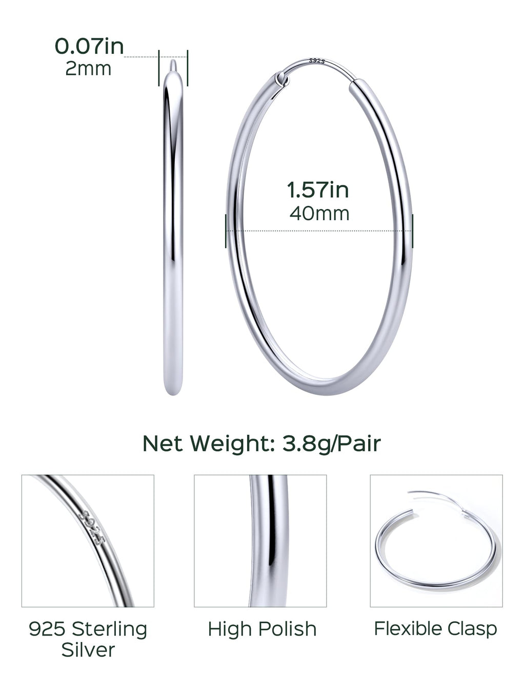 ChicSilver 925 Sterling Silver Hoop Earrings for Women Hypoallergenic, Lightweight Large Gold Plated Silver Hoop Earrings, Endless Hoops Earring 20/30/40/50/60/70MM