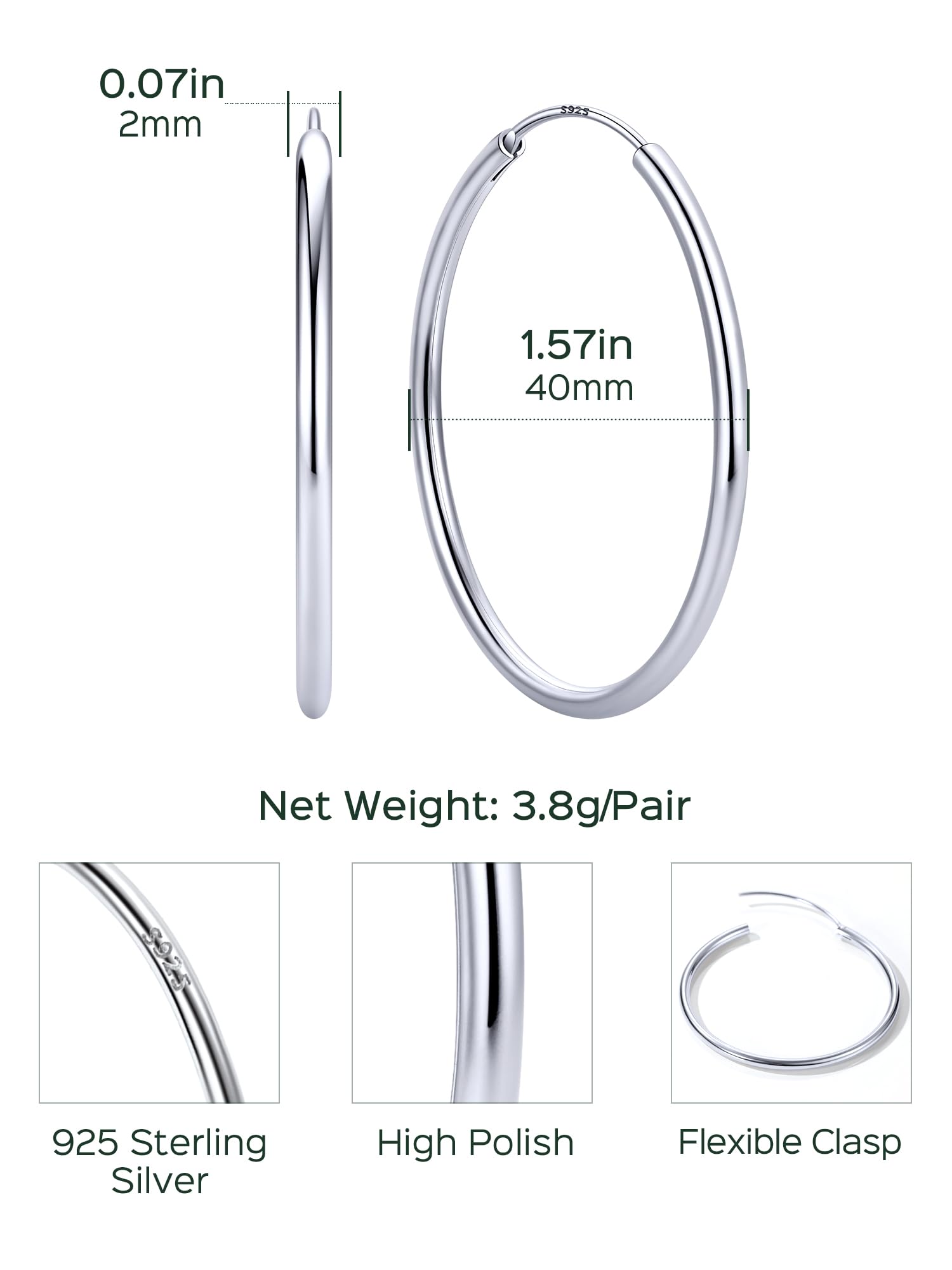 ChicSilver 925 Sterling Silver Hoop Earrings for Women Hypoallergenic, Lightweight Large Gold Plated Silver Hoop Earrings, Endless Hoops Earring 20/30/40/50/60/70MM