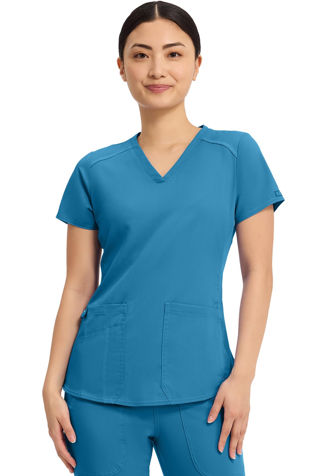 Med Couture V-Neck Scrub Top for Women with 4 Pockets, Rib-Knit Side Panel, and Shirttail Hem MC7459