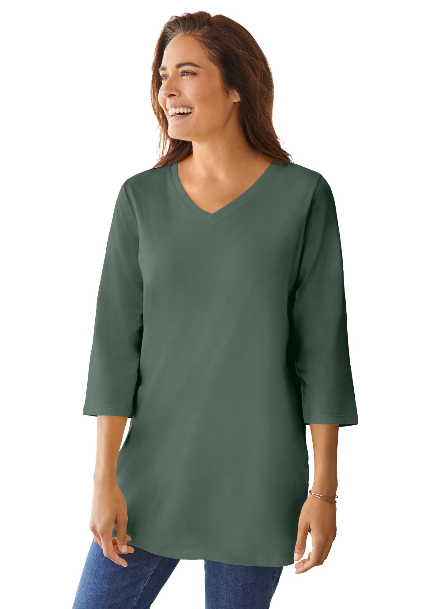 Woman Within Plus Size Perfect Three-Quarter Sleeve V-Neck Tunic