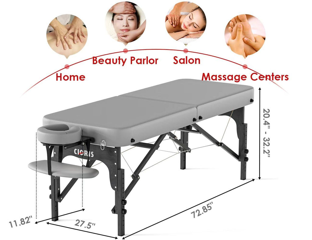 CLORIS 84" Professional Massage Table Portable Reinforced Wooden Leg 2 Folding Lightweight Spa Salon Tattoo Massage Bed Height Adjustable Hold Up to 1100LBS with Carrying Bag Black
