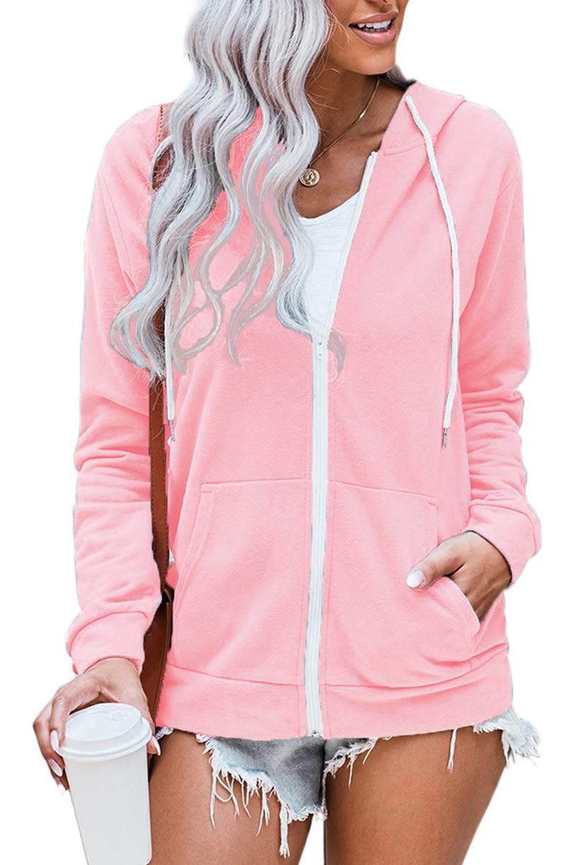 WROLEM Women Casual Full Zip Up Hoodie Comfy Loose Long Sleeve Sweatshirt Solid Color Jacket with Pockets