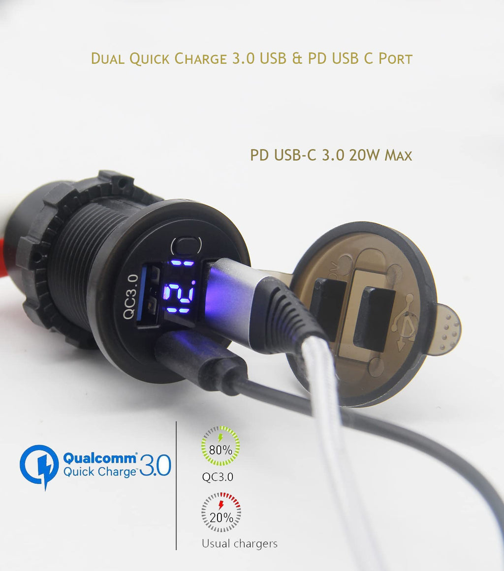 12V USB Outlet, Dual USB C Car Charger Socket & Quick Charge 3.0 Port with Voltmeter and Power Switch for Car Boat Marine Truck