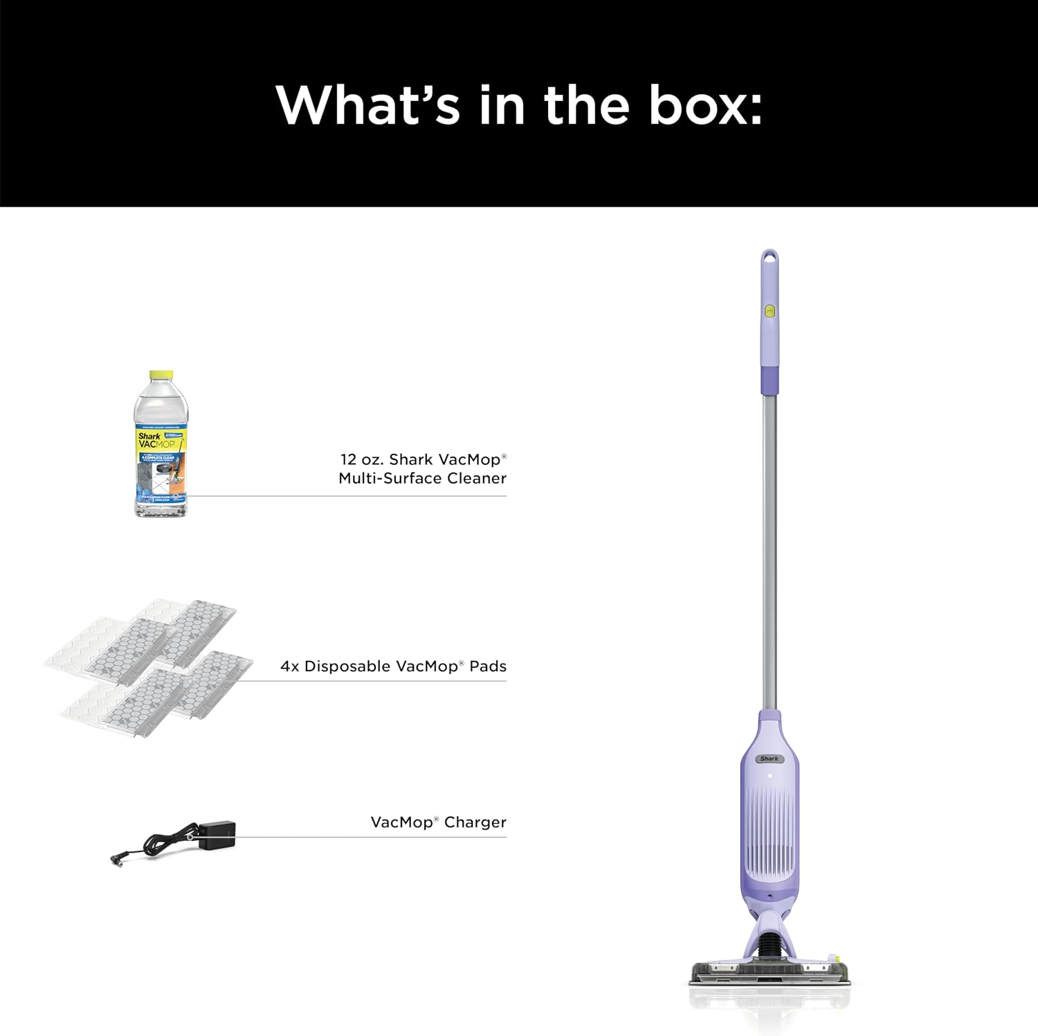 Shark VACMOP Cordless Hard Floor Cleaner, Vacuum and Spray Mop, Powerful Suction, Lightweight, LED Headlights, Includes 4 Disposable Pads, 12oz Multi-surface Cleaning Solution, Lavender, VM252PL