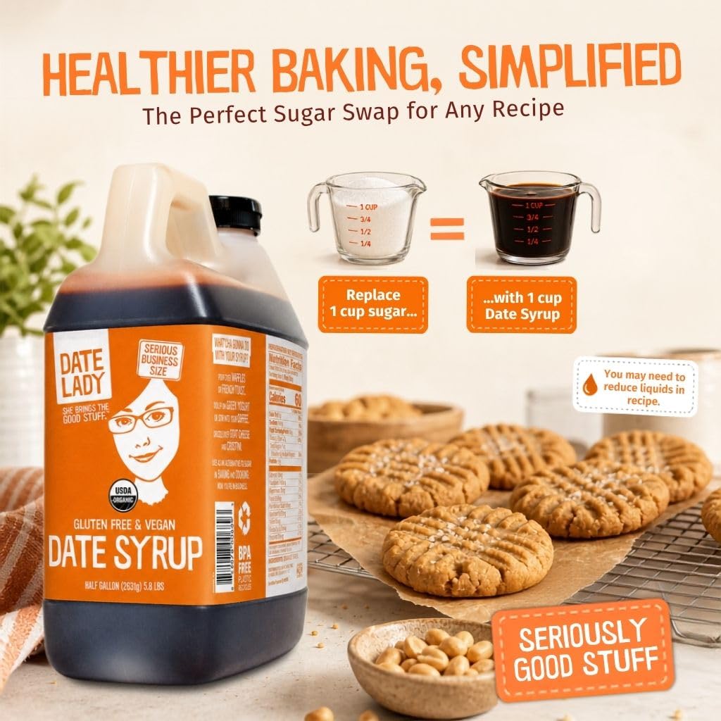Date Lady Date Syrup 3 lb Squeeze Bottle | 1 ingredient: 100% Organic Dates. Vegan, Paleo, Gluten-free & Kosher | Also Known As Silan, Date Honey and Date Nectar | Sugar Substitute