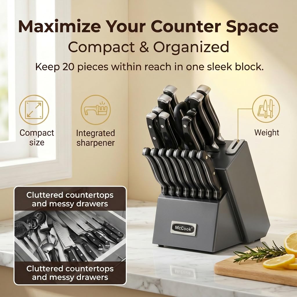 McCook® Knife Sets,German Stainless Steel Kitchen Knife Block Set with Built-in Sharpener, 20-Piece Razor-Sharp Kitchen Knives, Forged Triple Rivet,Full Tang,Ergonomic Handle,Elegant Box for Gift