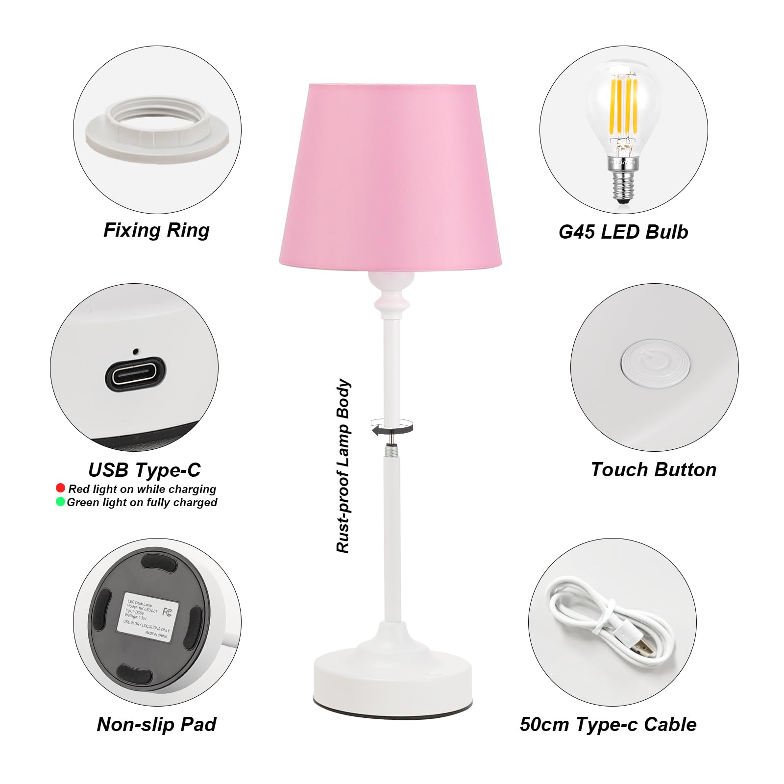 Touch Control Cordlss Table Lamp, USB-C Rechargeable Lamp with Stepless Dimming, 4000mAh Battery Operated Bedside Lamp for Bedroom, Living Room, Night Light & Emergency Lighting, Black, 1 Pack