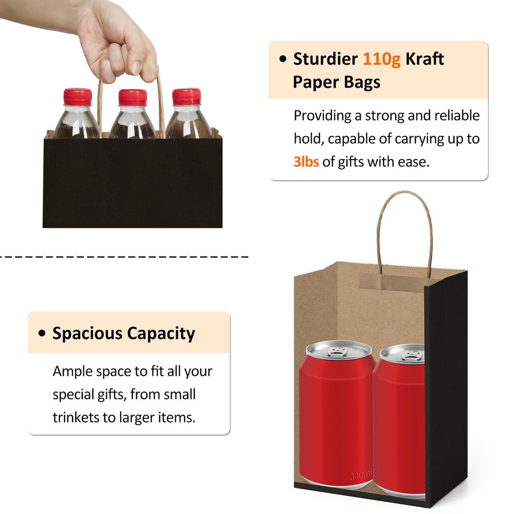 BagDream Gift Bags 100Pcs 5.25x3x8 Small Kraft Paper Gift Bags with Handles Bulk, Black Paper Sacks for Small Business, Retail, Merchandise, Grocery, Wedding Birthday Party favor