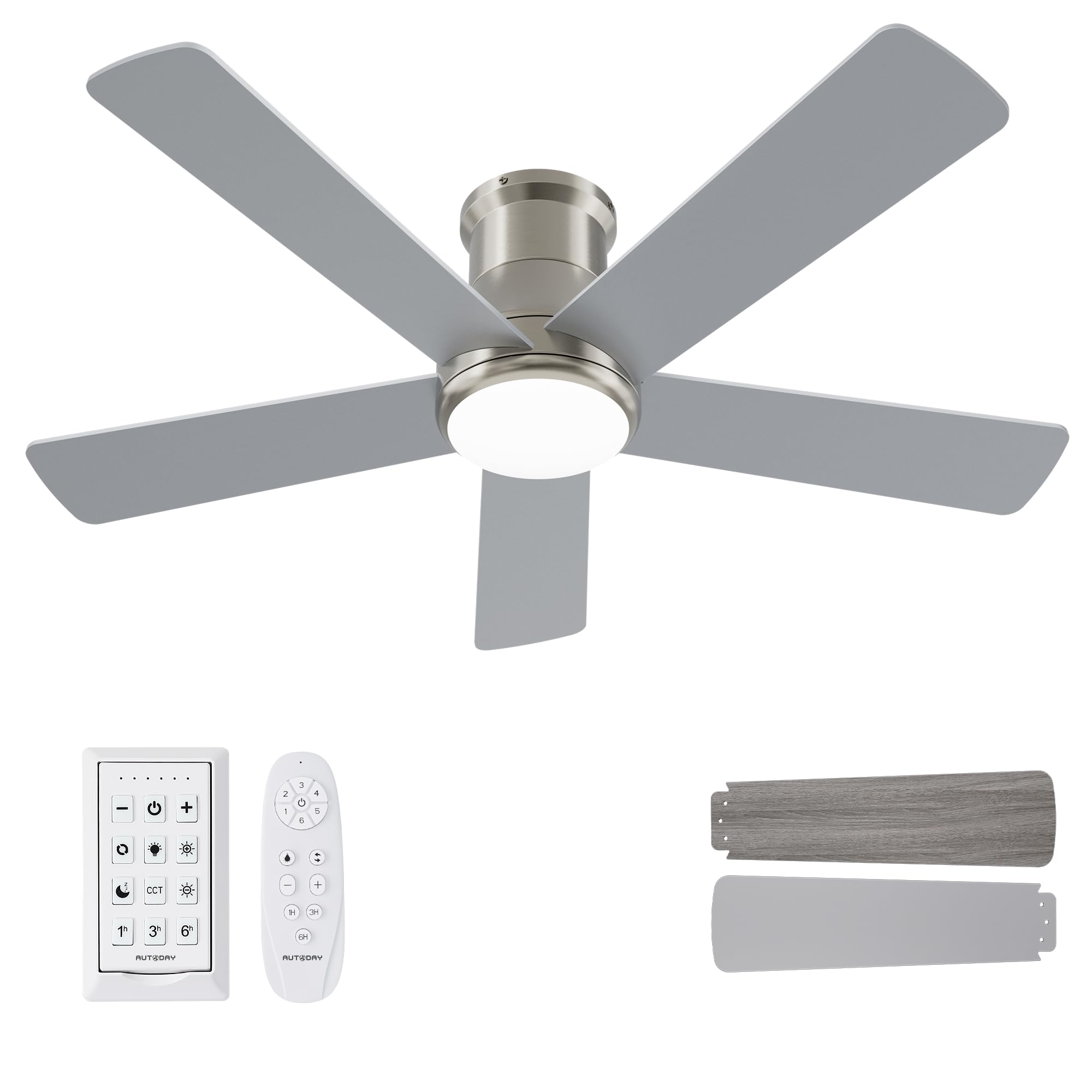 42 Inch Low Profile Ceiling Fan with Light, White Ceiling Fans with Lights and Remote, Flush Mount, 6 Speeds Reversible Quiet DC, 3CCT Dimmable, Indoor Outdoor Ceiling Fans for Patios Bedroom