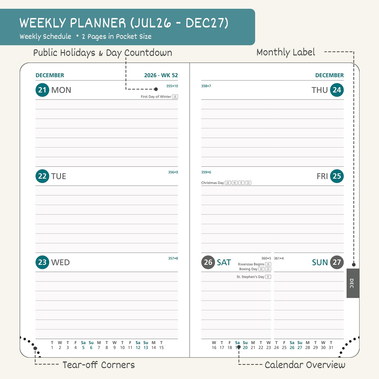 BEZEND Pocket Planner 2026-2027 Weekly and Monthly (3.5" x 6") 18 Months Small Academic Calendar (Jul 26-Dec 27) Ideal for Students, Work & Home, Storage Pocket, PU Leather Hardcover -Black