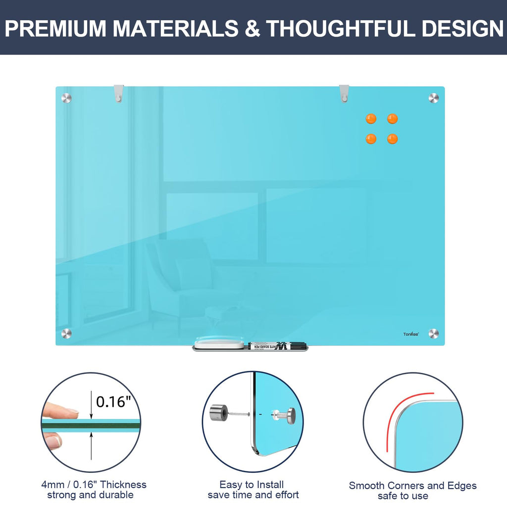 Dry Erase Board Black Magnetic Glass Whiteboard, TANKEE Modern Large Frameless Tempered Glass White Board for Wall, Office, School, Home, 36” x 24”, 3' x 2' White Board