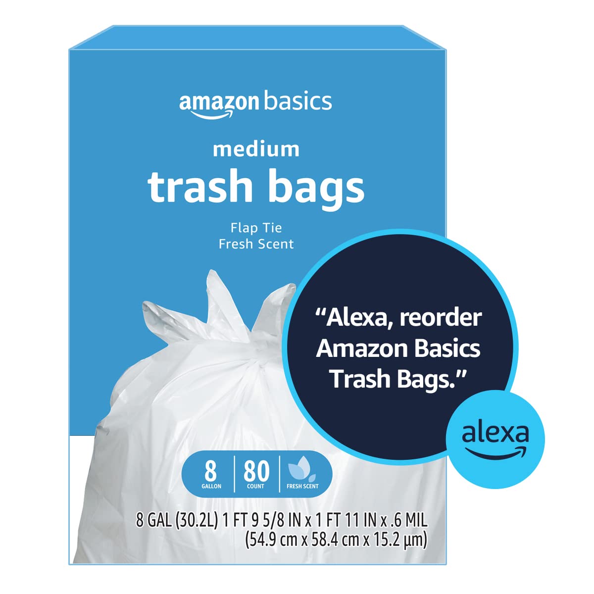 Amazon Basics 8 Gallon Flap Tie Trash Bags, Fresh Scent, 80 Count