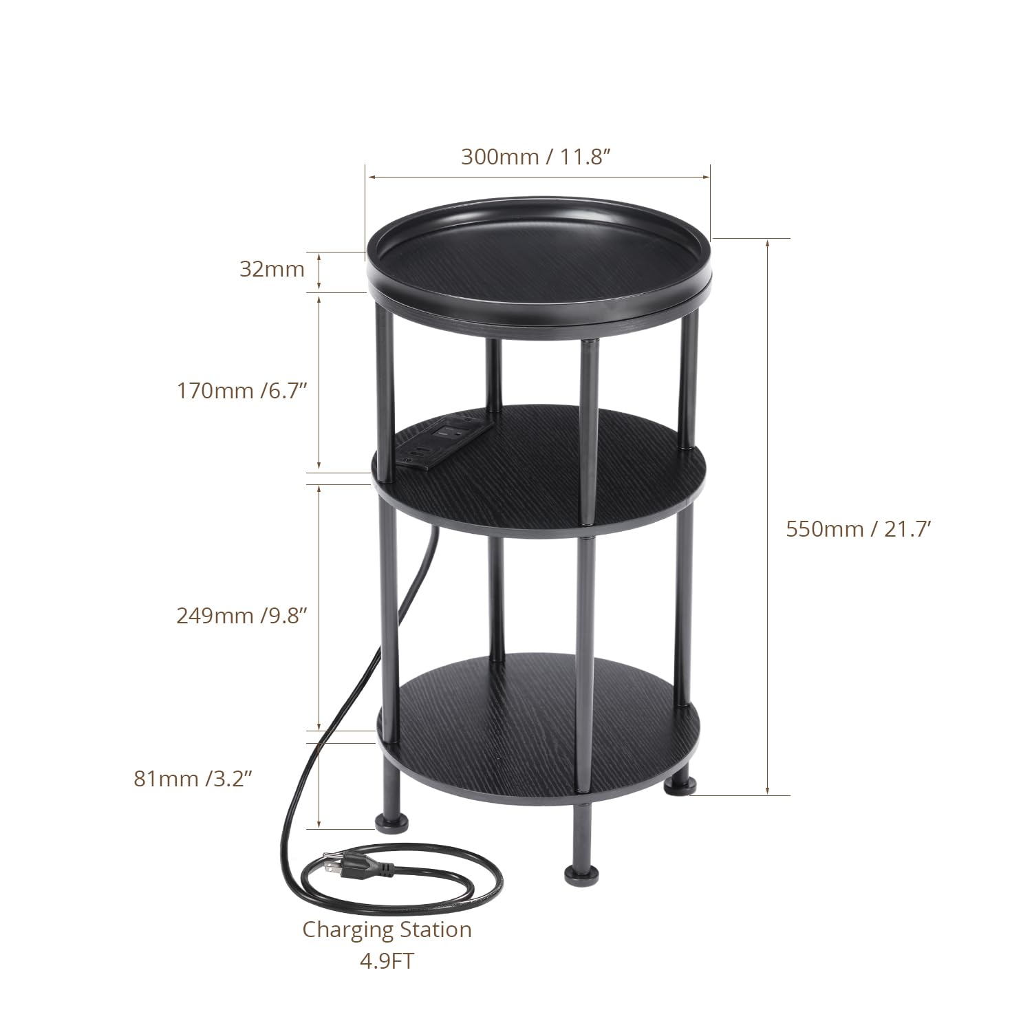 Small Round Side Table with Charging Station for Small Spaces, 3-Tier Accent Table with USB Ports & Power Outlets, Sofa Corner Tea Table for Living Room Nightstand Bedroom Apartment (Black)