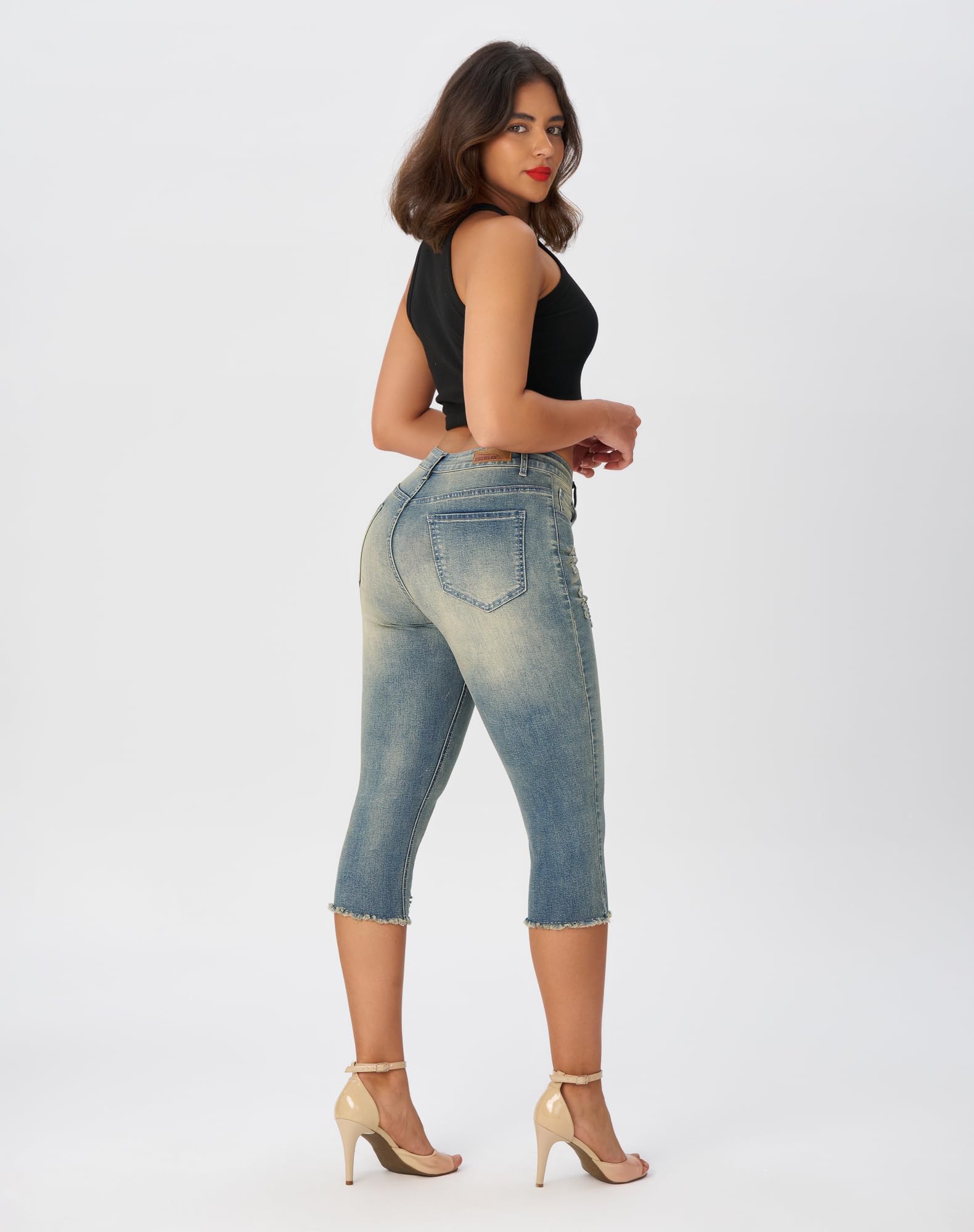 roswear Women's Capri Pants Mid Rise Skinny Ripped Stretchy Cropped Distressed Jeans