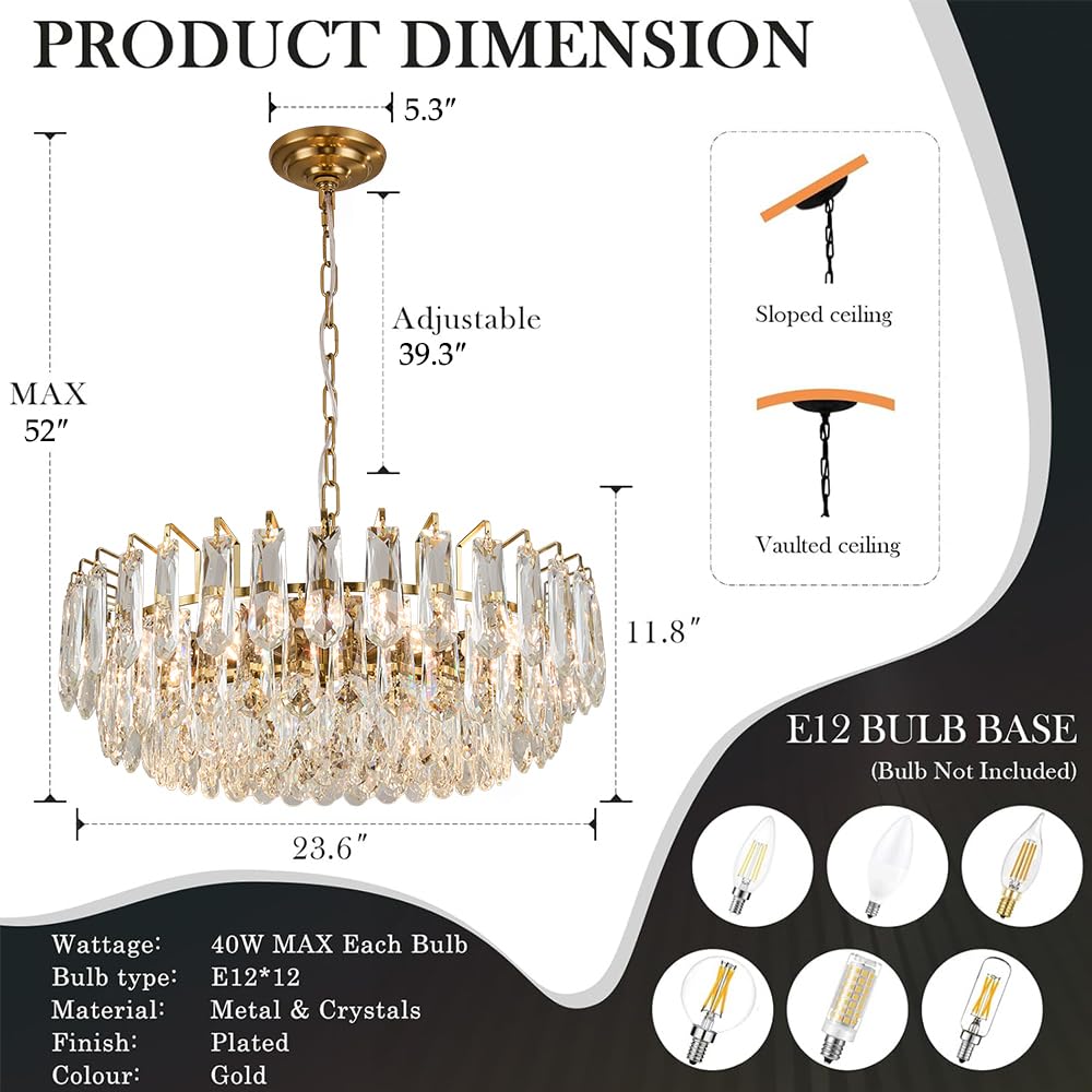 23.6" Modern Crystal Chandelier with Grey Crystal Gold 3-Tier Luxury Pendant Light 12-Light Ceiling Pendant Lighting for Dinning Room Living Room Foyer