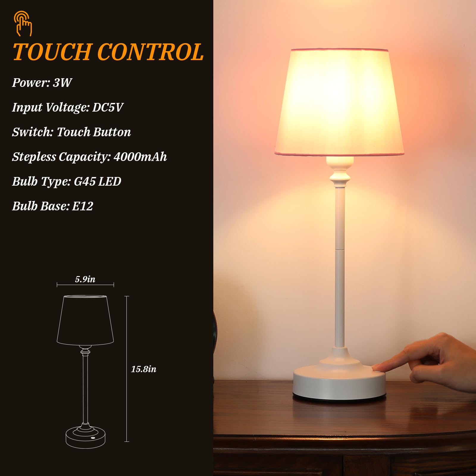 Touch Control Cordlss Table Lamp, USB-C Rechargeable Lamp with Stepless Dimming, 4000mAh Battery Operated Bedside Lamp for Bedroom, Living Room, Night Light & Emergency Lighting, Black, 1 Pack