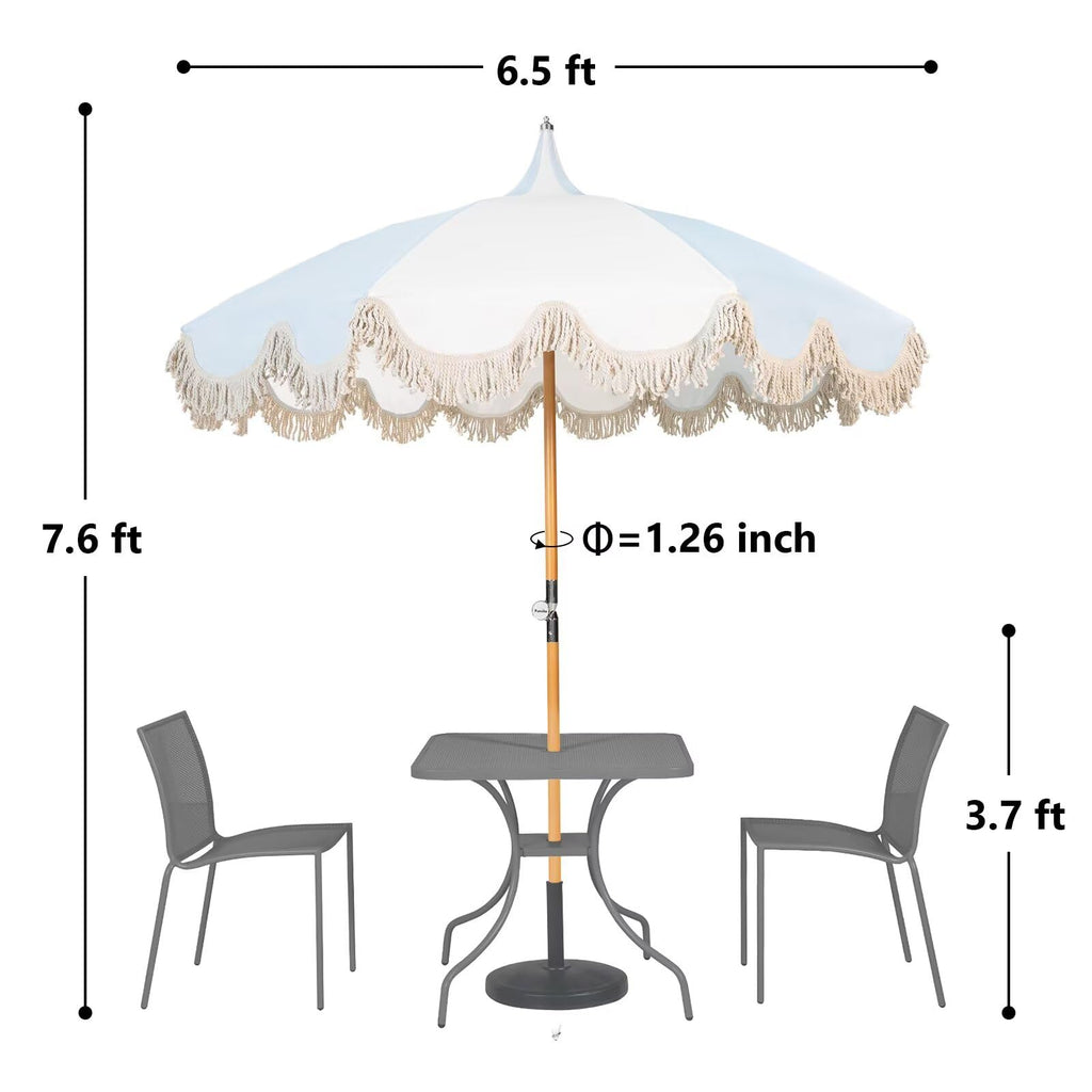 6.5ft Pagoda Beach Umbrella with Fringe, UPF 50+ Boho Umbrellas with Carry Bag, Premium Wood Pole Foldable Tassel Umbrella for Outdoor Garden Lawn Pool Yard Table