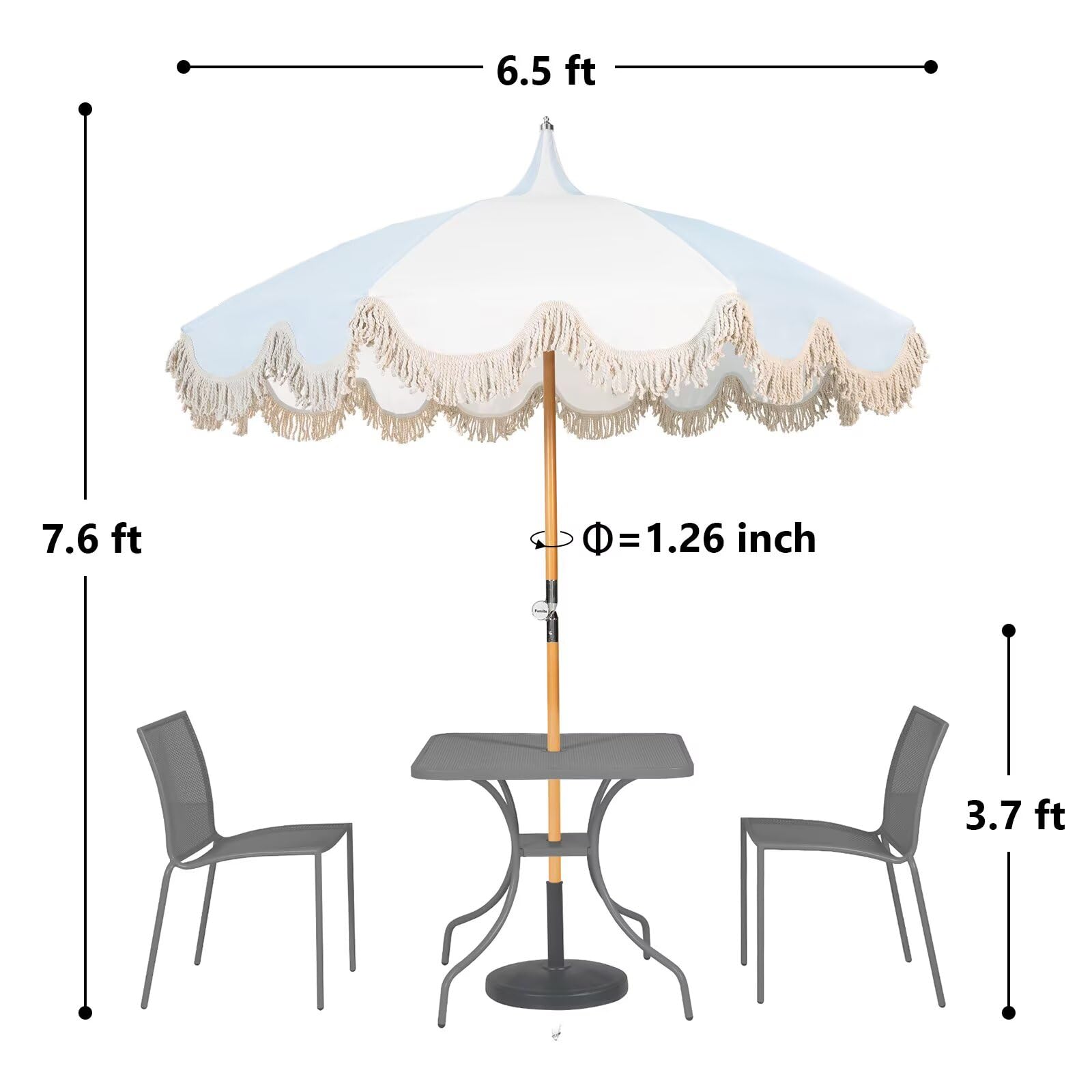 6.5ft Pagoda Beach Umbrella with Fringe, UPF 50+ Boho Umbrellas with Carry Bag, Premium Wood Pole Foldable Tassel Umbrella for Outdoor Garden Lawn Pool Yard Table