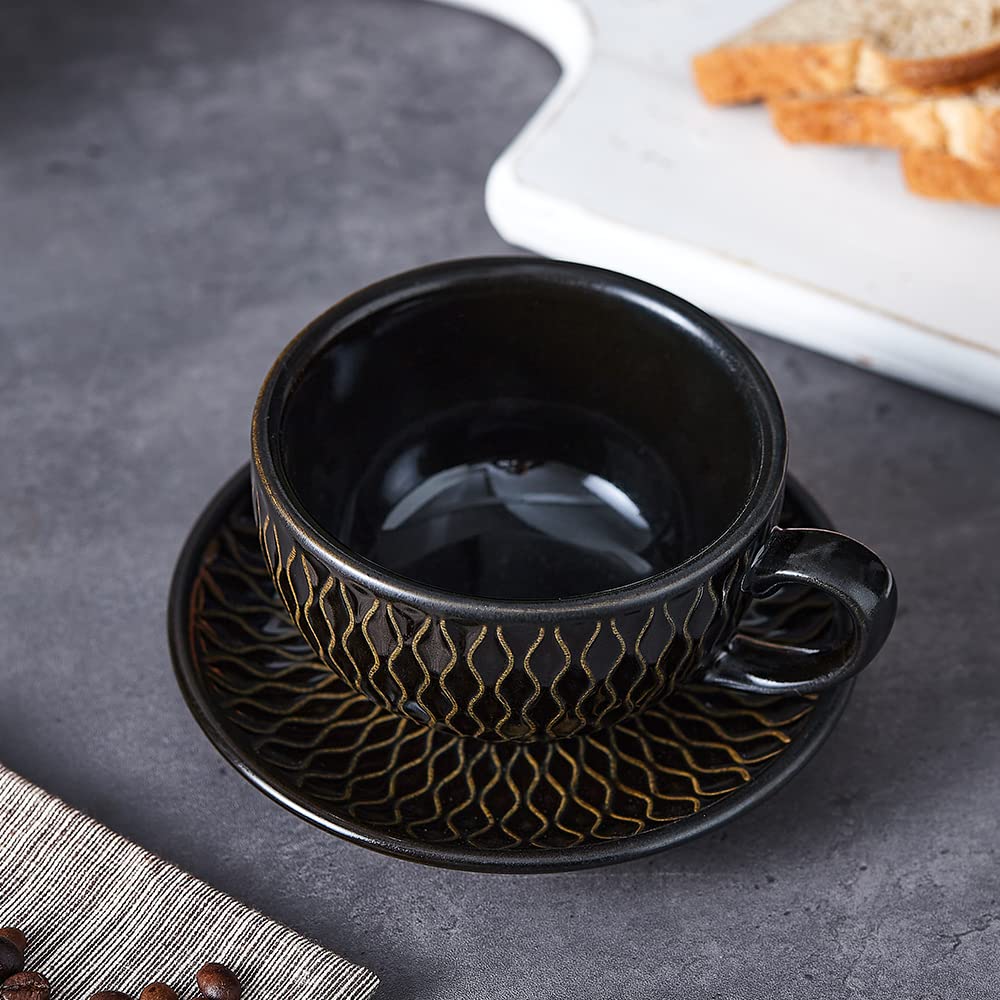 Coffeezone Vintage Design 12 oz Ceramic Latte Art Cappuccino Barista Cup with Saucer (Beige)