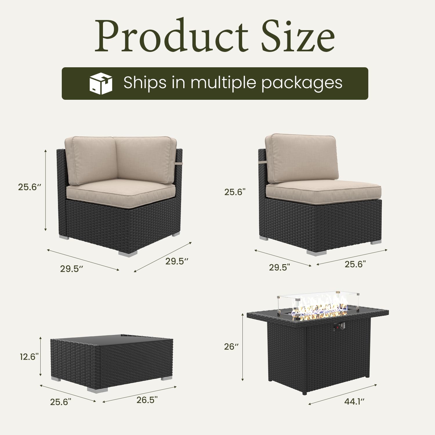 LayinSun 7 Pieces Outdoor Patio Furniture Set with 44" Fire Pit Table Rattan Sectional Sofa Conversation Sets