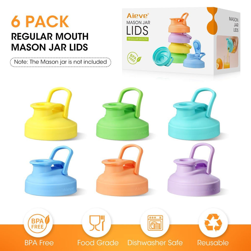 Aieve Stainless Steel Mason Jar Pour Spout Lid, 2 Pack Wide Mouth Mason Jar Pitcher Flip Cap Lids with Handle for Ball Jar Lids (3.38 inch)