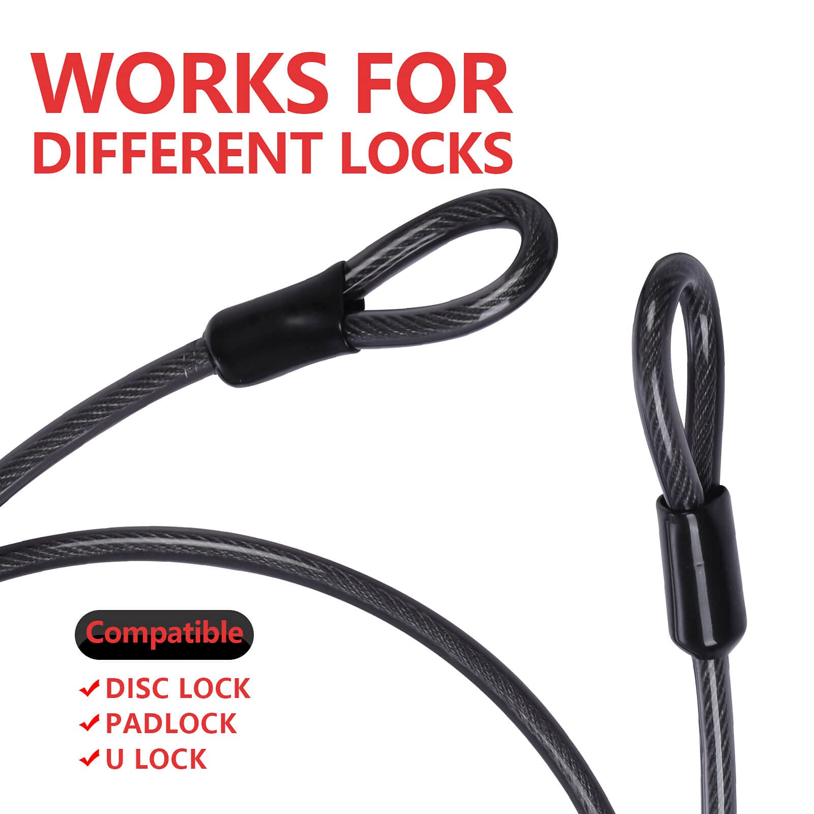 DELSWIN Security Steel Cable with Loops - 12mm (1/2 inch) Thick 4FT Heavy Duty Bike Lock Cable Vinyl Coated Braided Cables for U-Lock and Padlock
