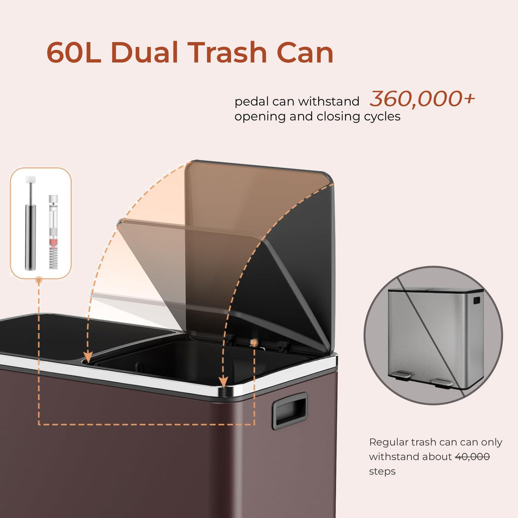 60L(16 Gal) Dual Trash Can, Stainless Steel Kitchen Garbage Can, Double Compartment Classified Rubbish Bin, Recycle Dustbin w/Plastic Inner Buckets, Soft-Close Lid, Airtight, Black