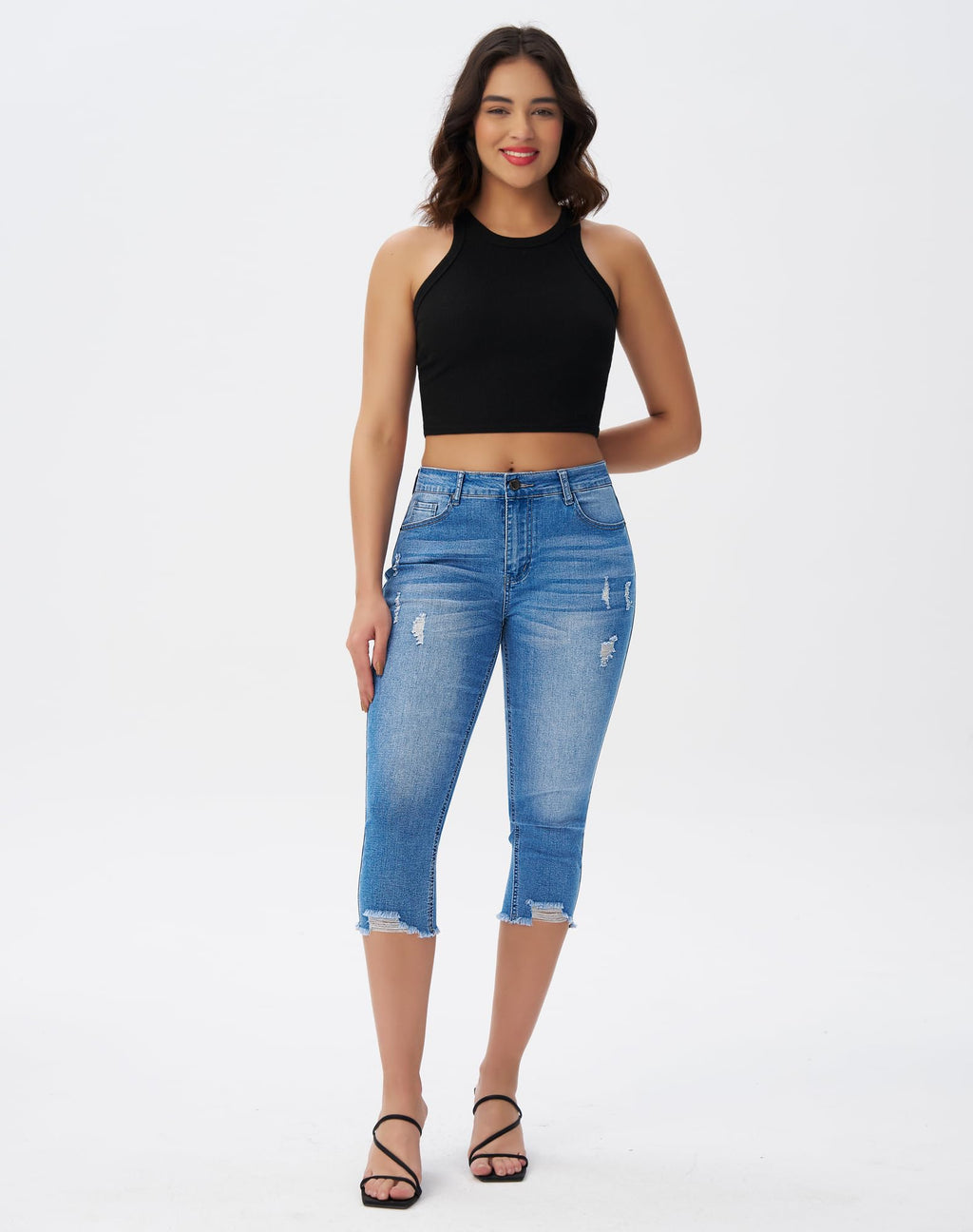 roswear Women's Capri Pants Mid Rise Skinny Ripped Stretchy Cropped Distressed Jeans