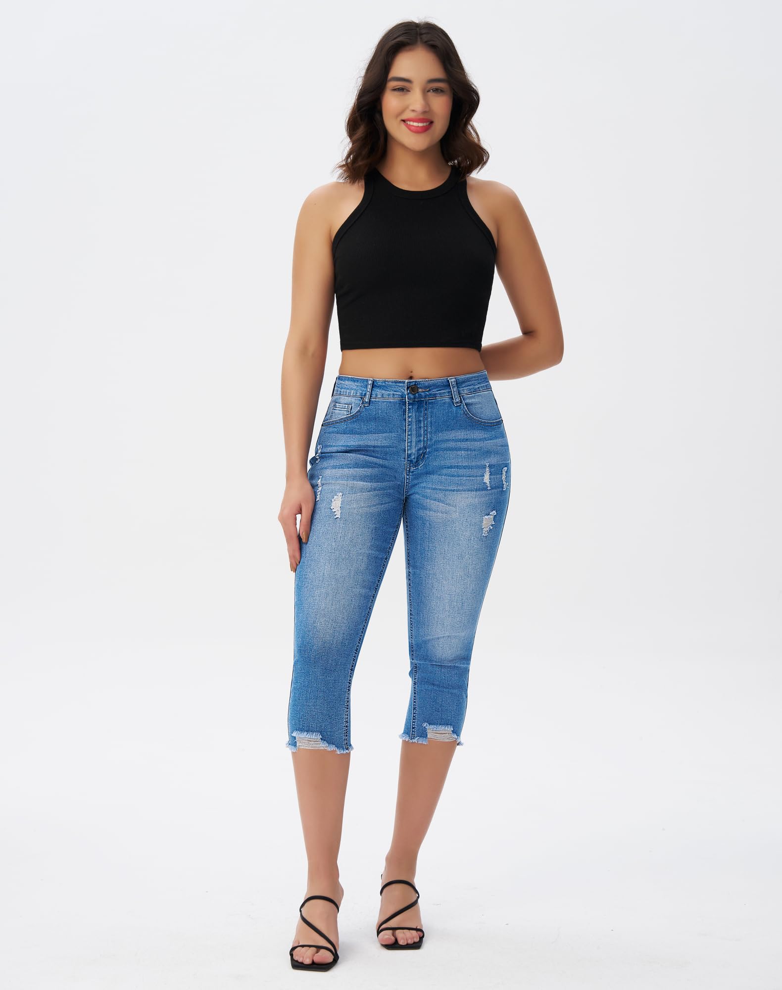 roswear Women's Capri Pants Mid Rise Skinny Ripped Stretchy Cropped Distressed Jeans