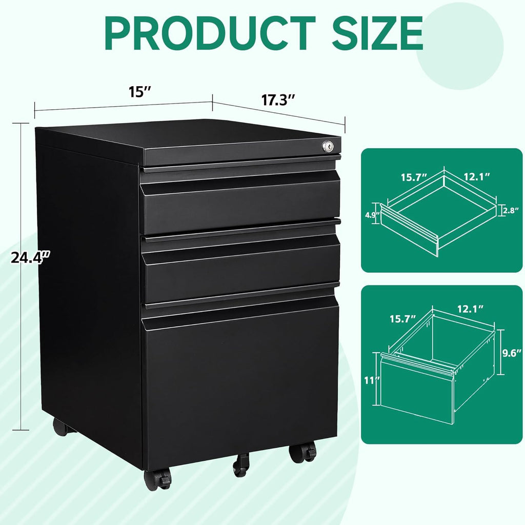 Letaya 3 Drawer Mobile File Cabinet with Lock,Under Desk Metal Small Filing Cabinets for Home Office Organizer Letters/Legal/A4(Fully Assembled Except Wheels-Black)