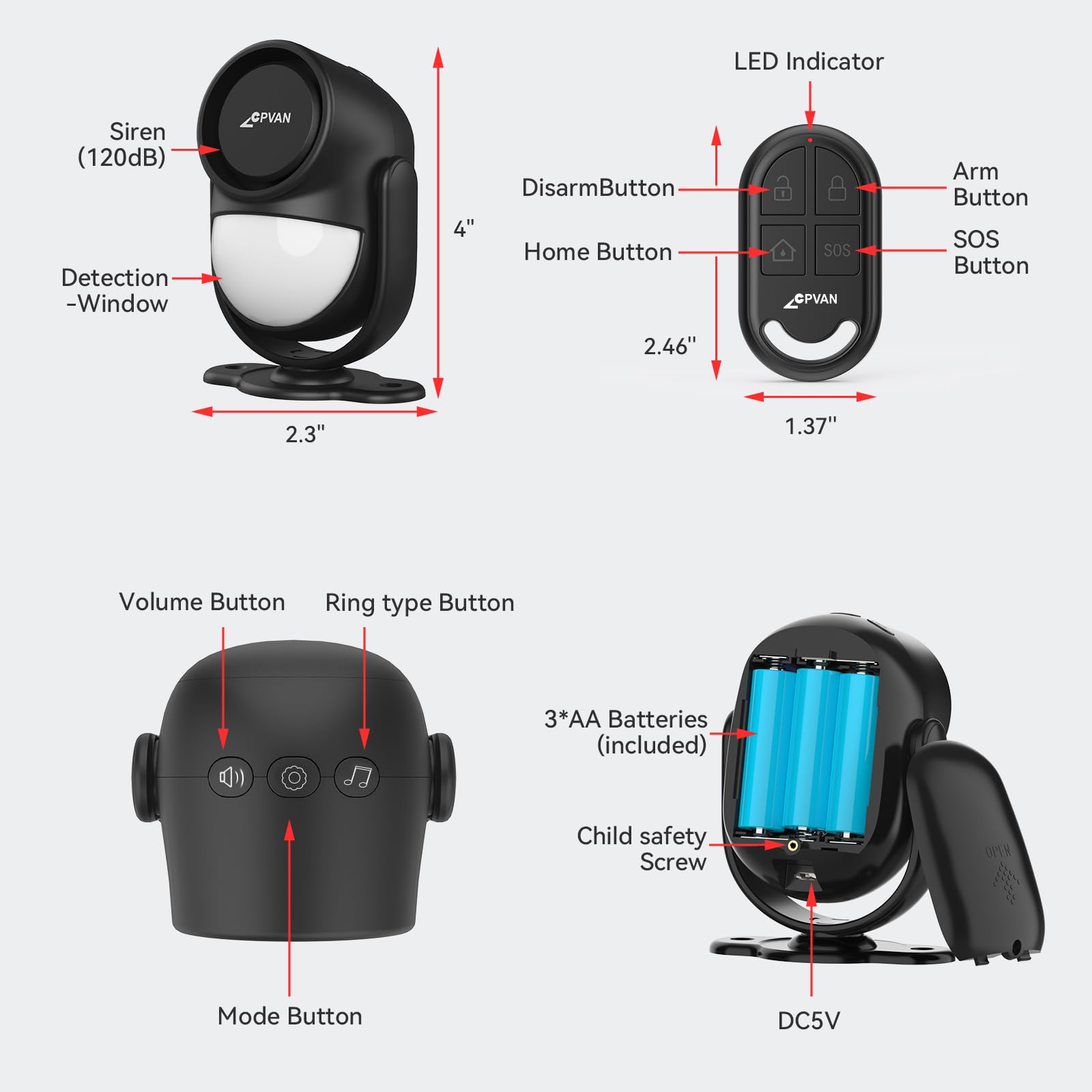 CPVAN WiFi Motion Sensor Alarm, 125dB Smart PIR Motion Detector with Phone App Alerts, Wireless Indoor Home Security Alarm System with Remote, 2.4GHz WiFi, Black