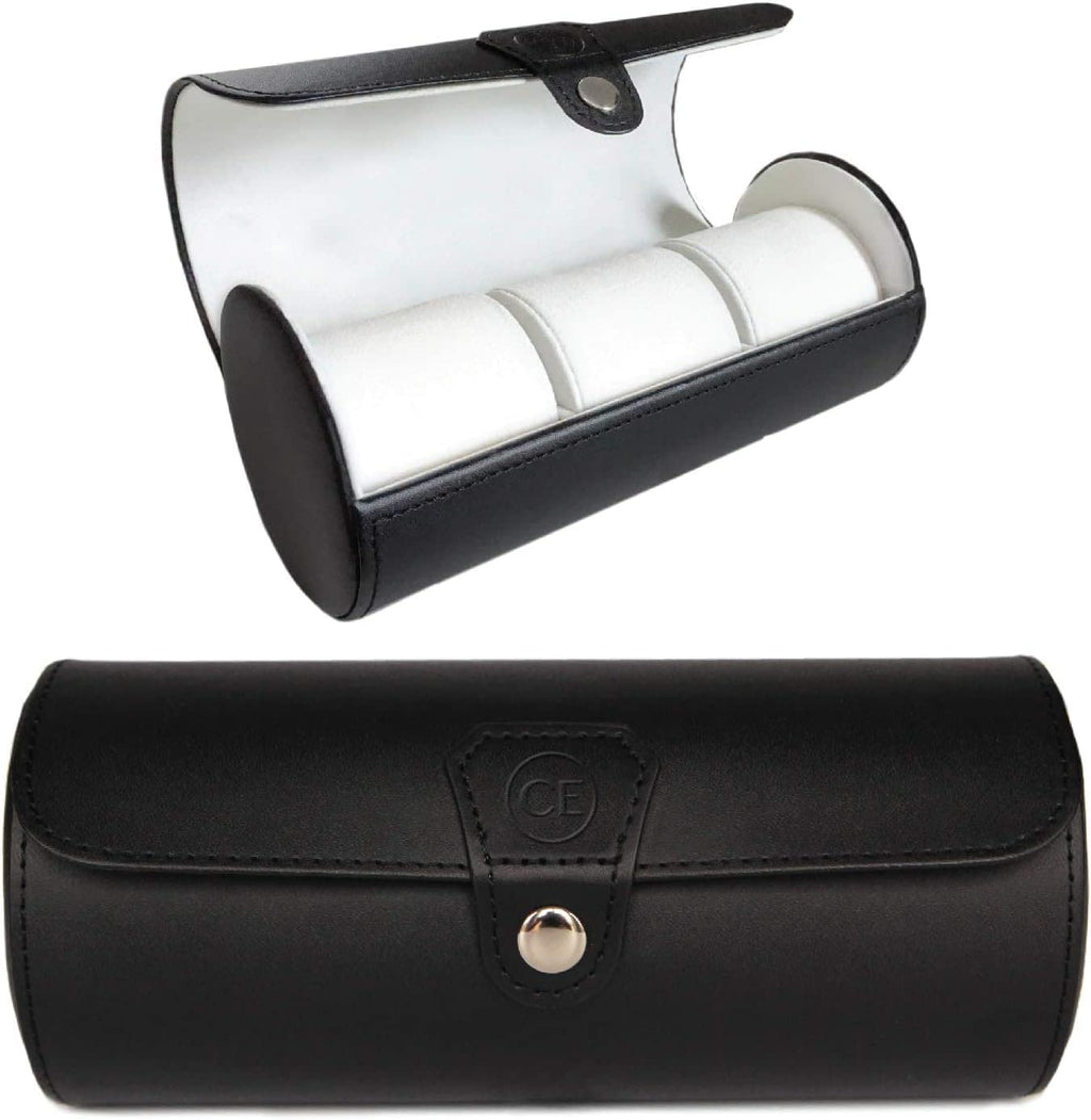 CASE ELEGANCE Travel Watch Case Roll Organizer for Men - 3 Watch Box & Vegan Faux Leather Watch Display Case - Mens Watch Holder, Storage & Travel Organizer - Black