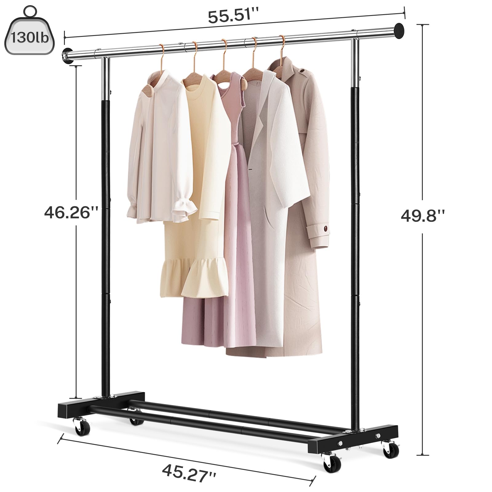 VICERII Clothing Rack, 55.51 Inch Heavy Duty Clothes Rack Rolling Garment Rack with Wheels and Bottom Shelf, 130LB Capacity Clothes Racks for Hanging Clothes, Coats, Shirts, Sweaters, Skirts, Black