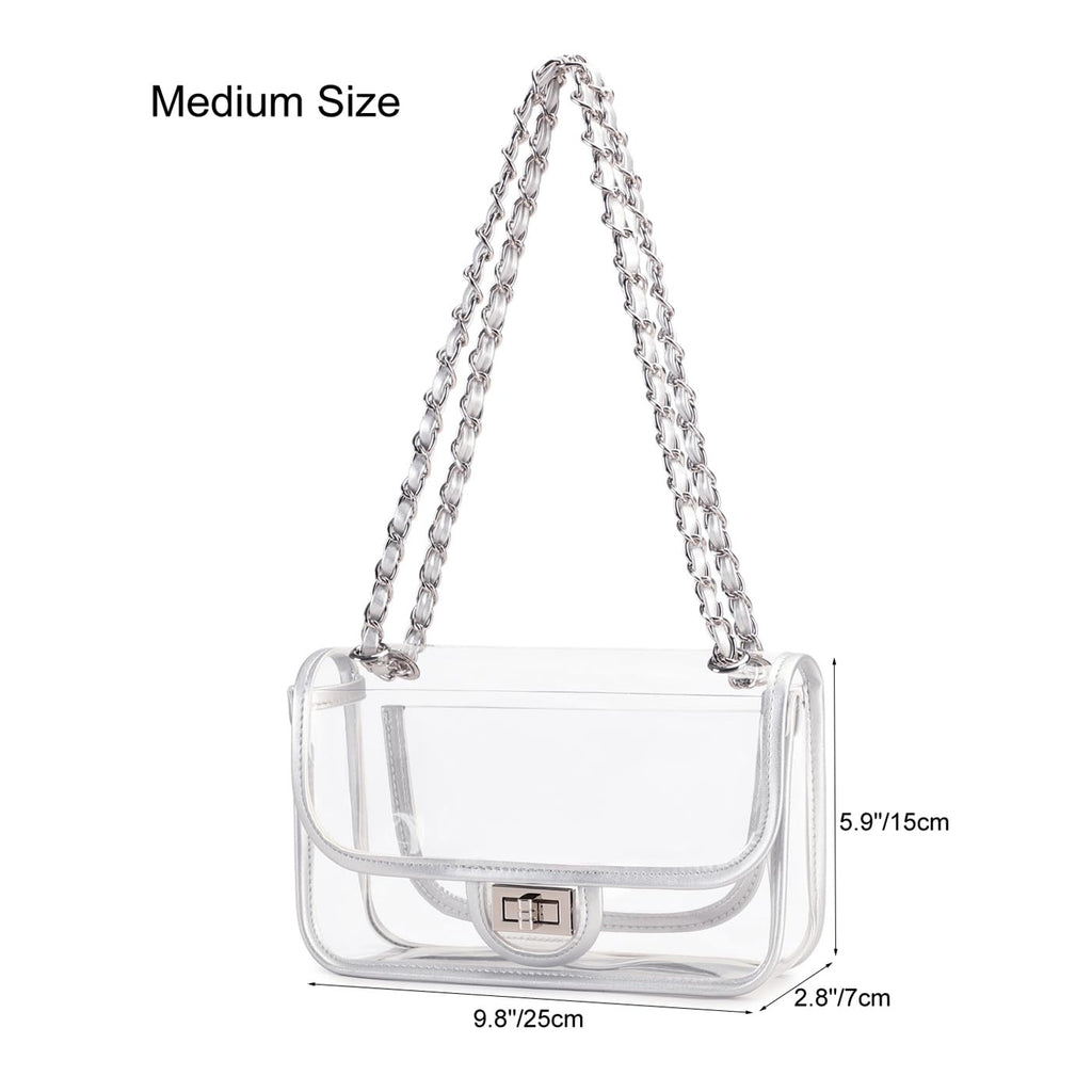 Womens PVC Clear Purse Handbag with Chain Stadium Approved Clear Bag See Through Bag for Working and Concert