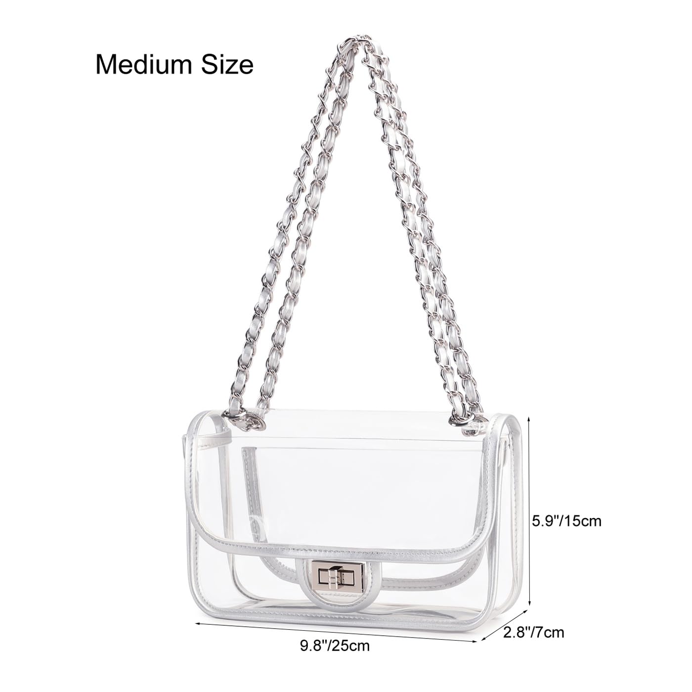 Womens PVC Clear Purse Handbag with Chain Stadium Approved Clear Bag See Through Bag for Working and Concert