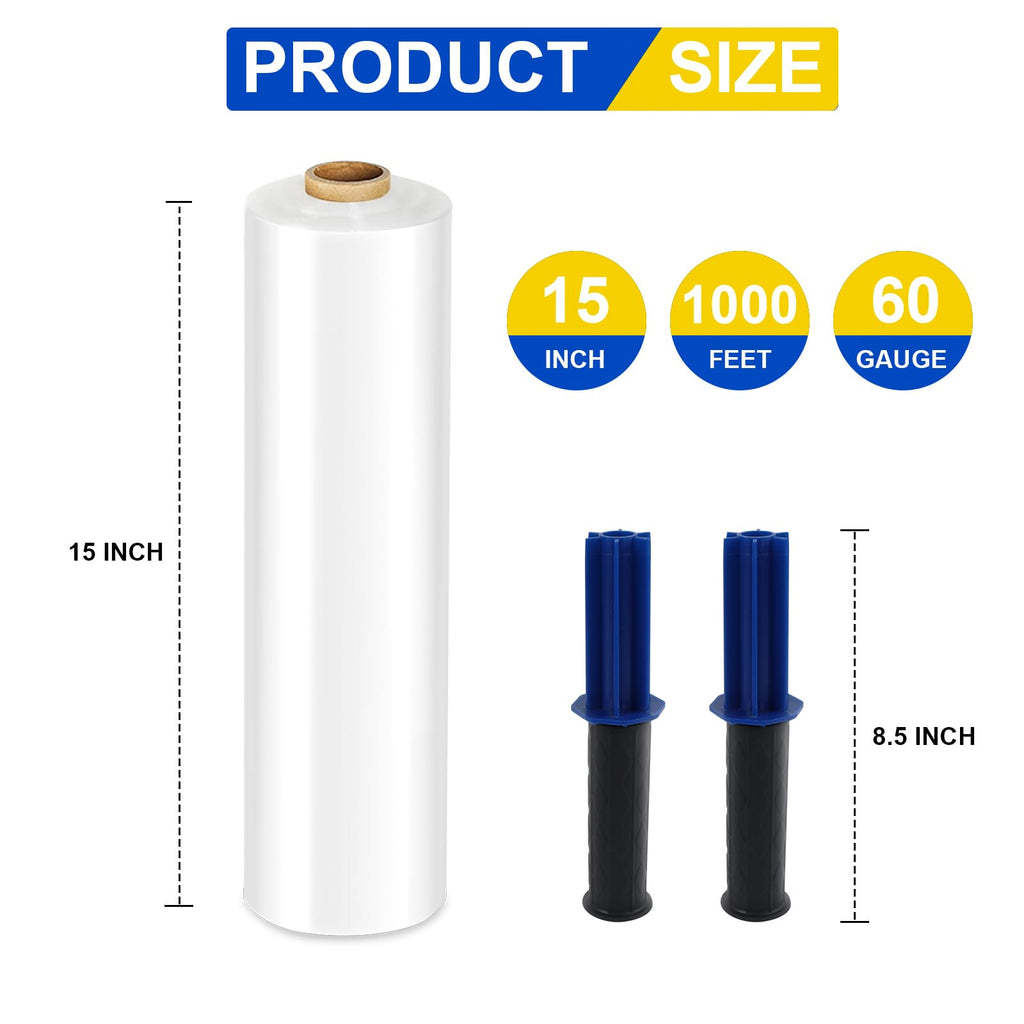 Stretch Film, RAZCC Stretch Wrap Industrial Strength, Shrink Wrap for Pallet Wrap, Heavy Duty Clear Plastic Wrap with Handles, Moving Wrapping Plastic Roll, 15" x 1000 Ft Per Roll, 60 Gauge, 1 Pack