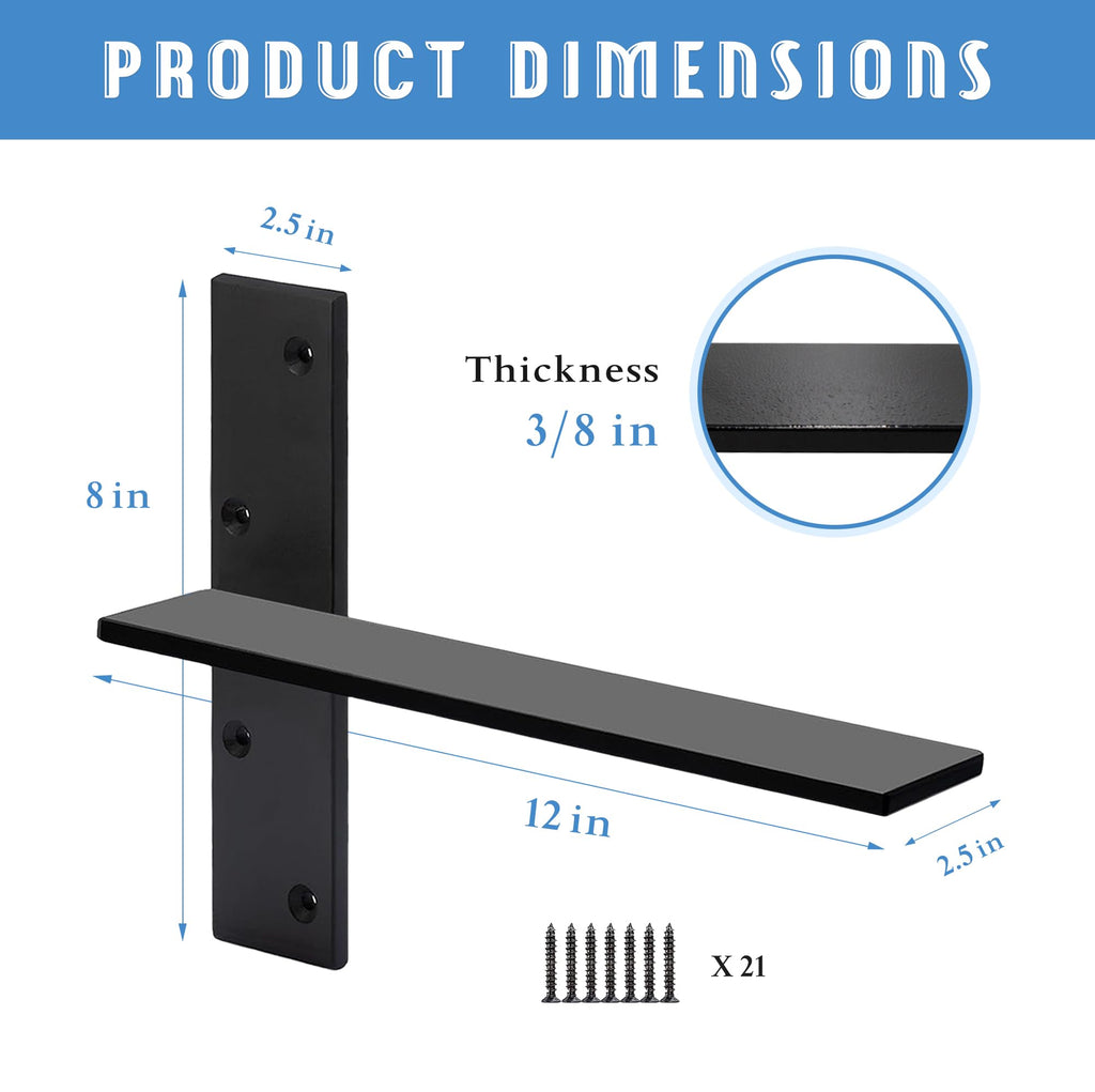 Floating Shelf Bracket 3/8" Thick Heavy Duty Shelf Brackets 2 Pack Free Hanging Countertop Support Bracket 8" Lx2.5 W Floating Wall Brackets for Cabinets, Granite, Dishwasher, Bench Seats Vanities