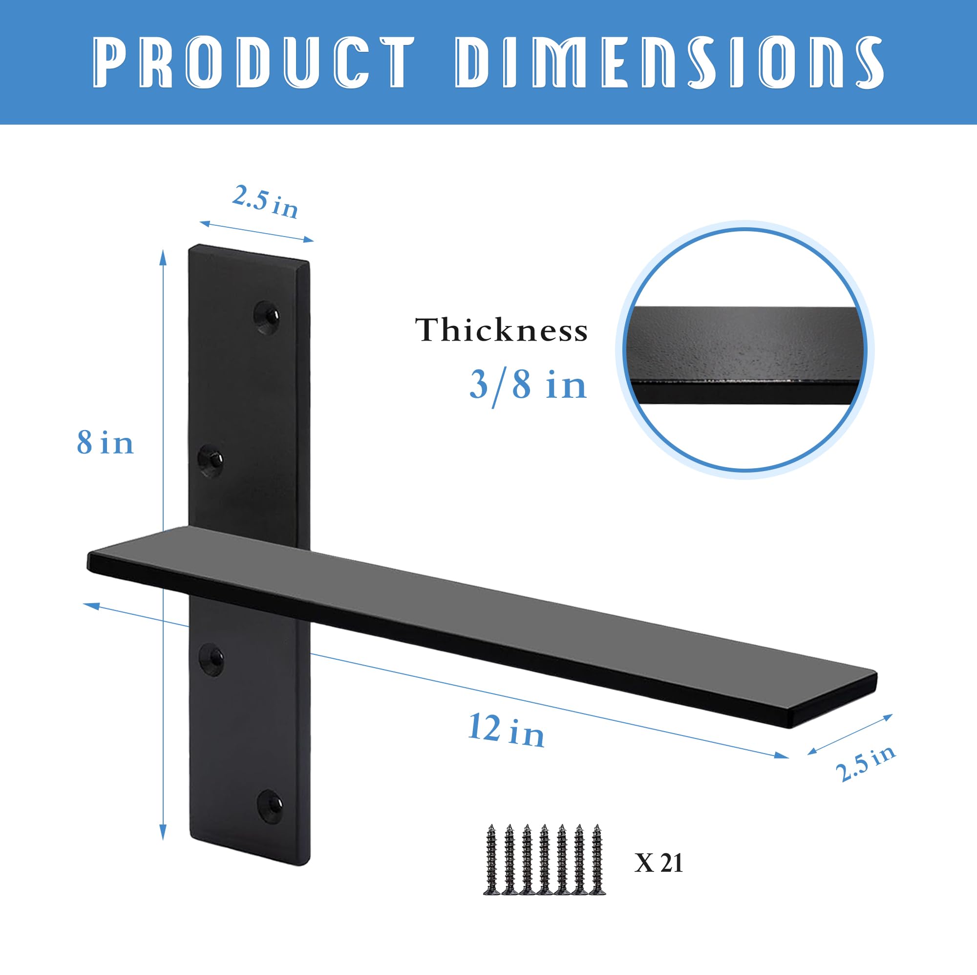 Floating Shelf Bracket 3/8" Thick Heavy Duty Shelf Brackets 2 Pack Free Hanging Countertop Support Bracket 8" Lx2.5 W Floating Wall Brackets for Cabinets, Granite, Dishwasher, Bench Seats Vanities