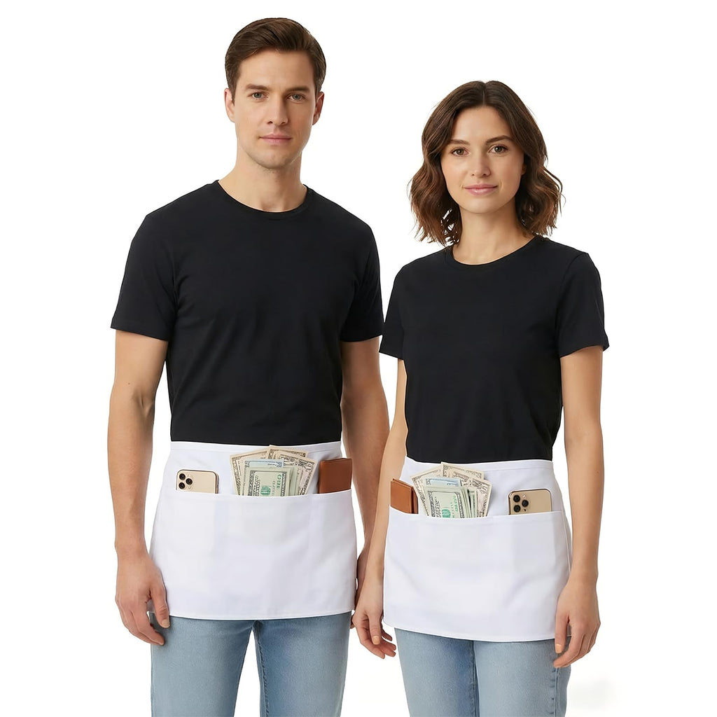 BOHARERS Waist Apron with 3 Pockets - White Waitress Waiter Server Short Apron