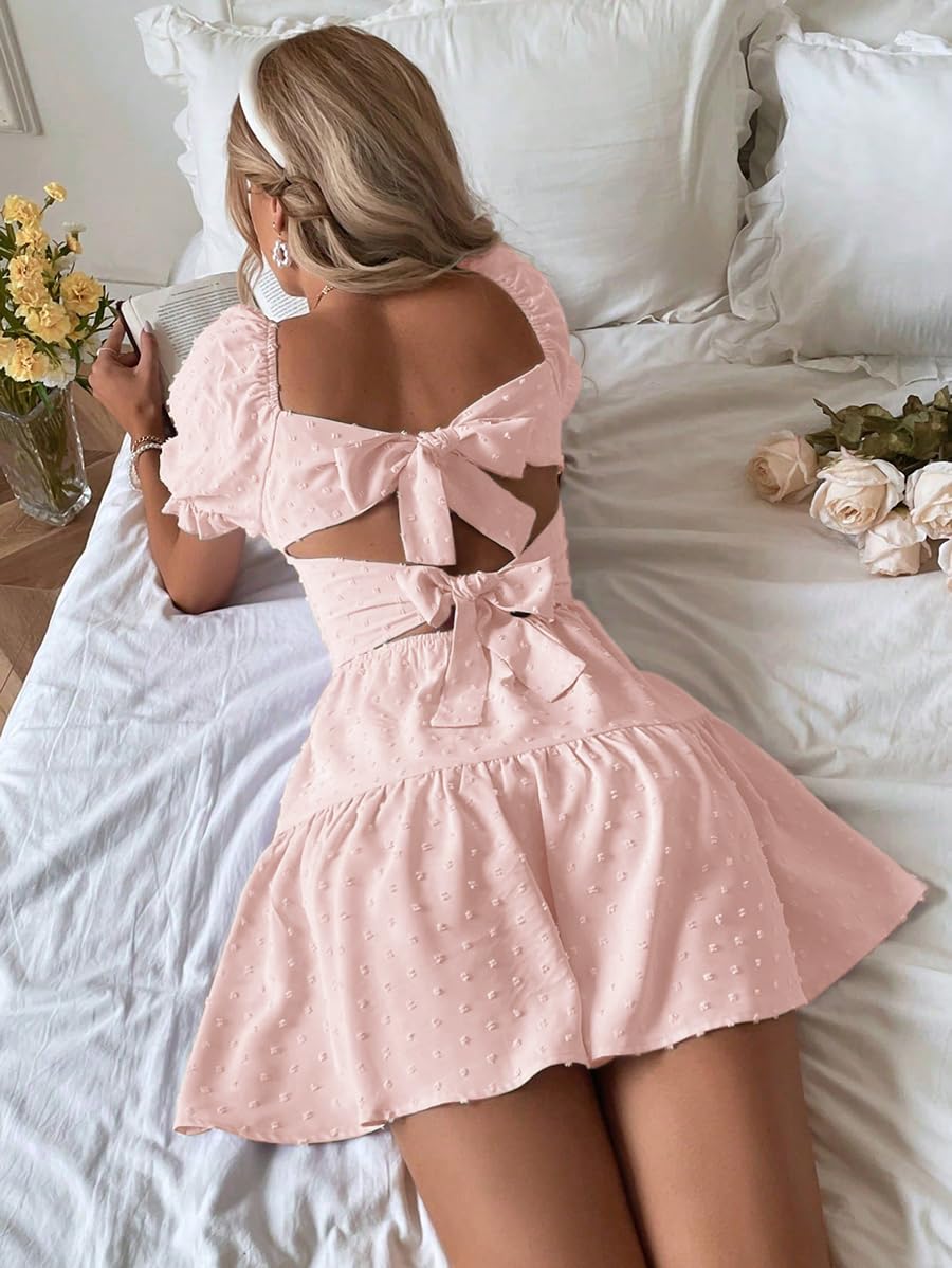 Narecte Summer Dresses for Women 2026,Tie Backless Swiss Dot Mini Dress,Ruffle Hem Flowy Casual Dresses