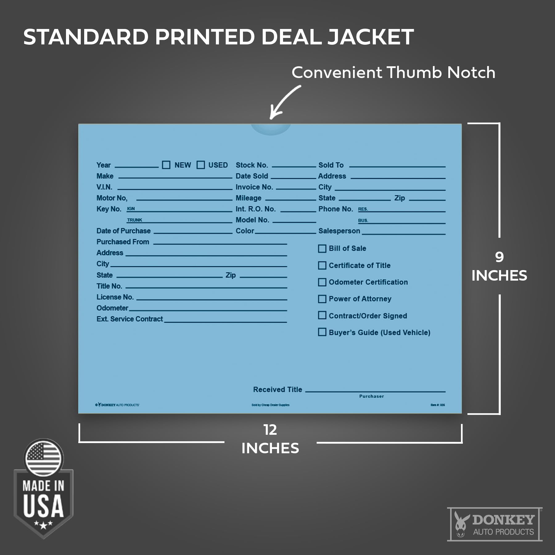 Printed Vehicle Deal Envelopes 9x12 Deal Jackets (100 shrink wrapped) (Blue)